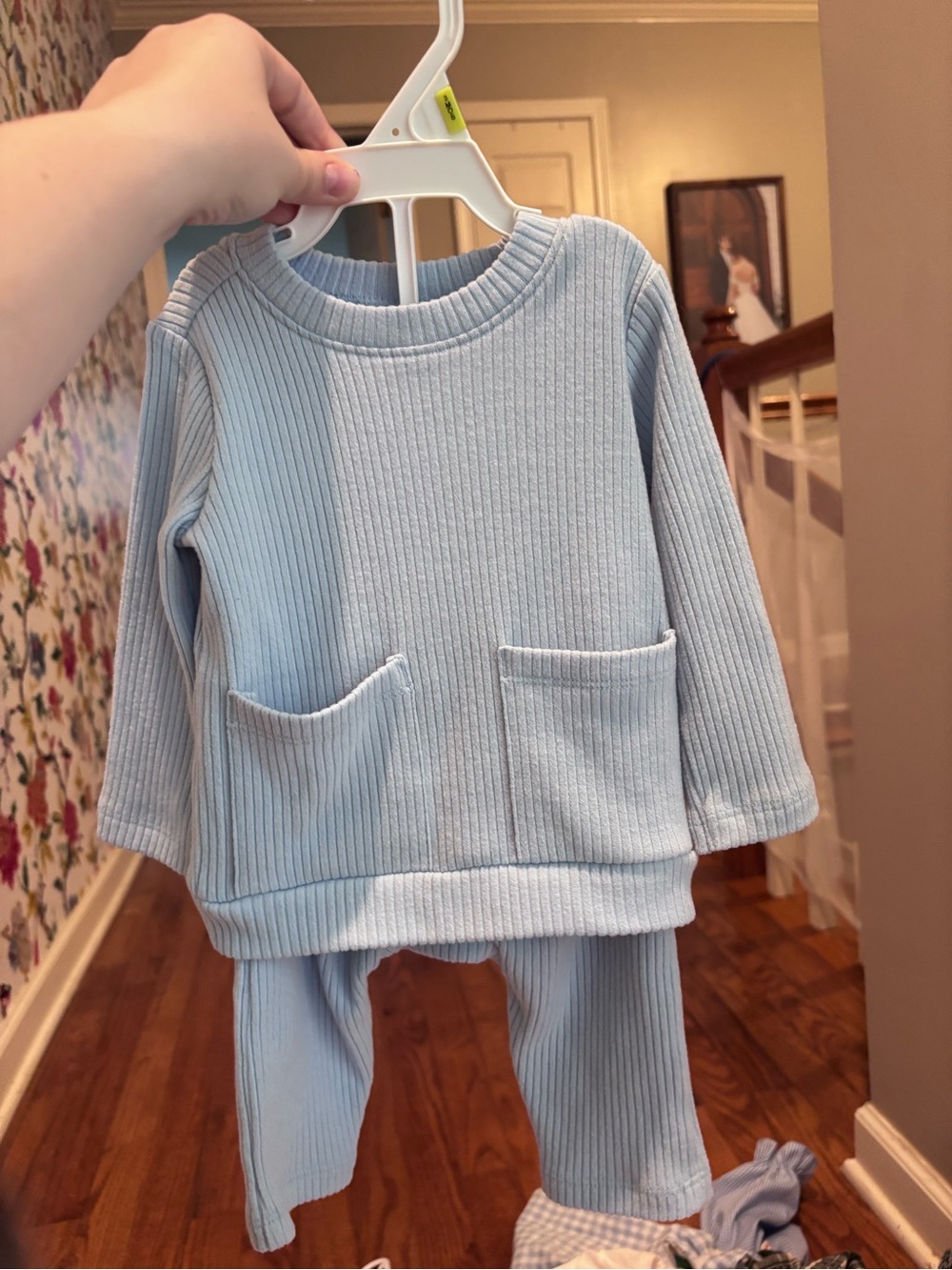 Old Navy Light Blue Ribbed Kids Pajama Set with Front Pockets